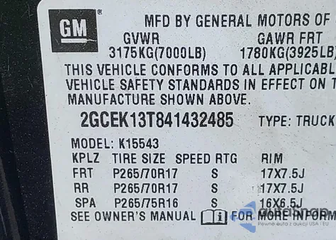 2004 Chevrolet Silverado 1500 Lt из США, поврежденный, VIN 2GCEK13T841432485